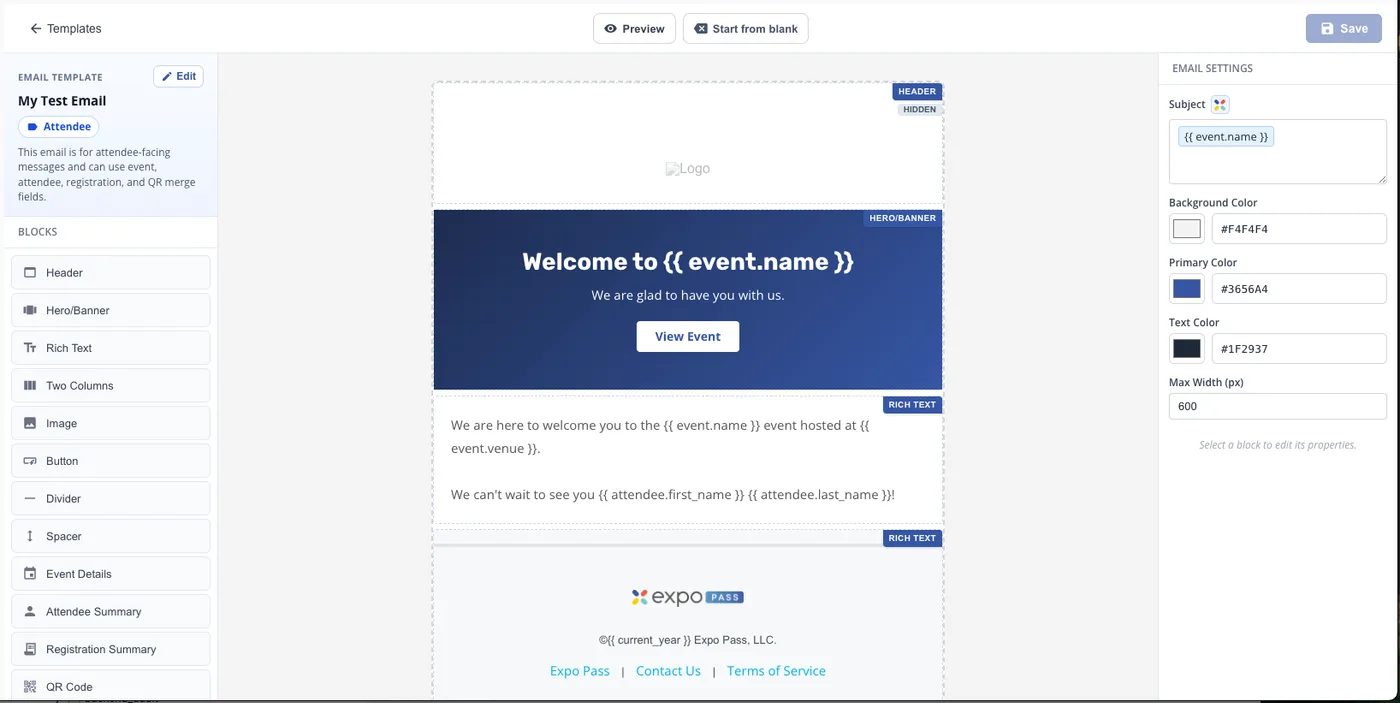 Drag-and-drop email template designer with branded blocks and mail-merge fields