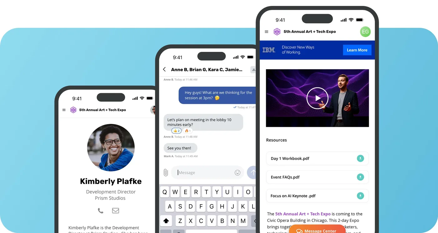Expo Pass mobile event app shown on three phones