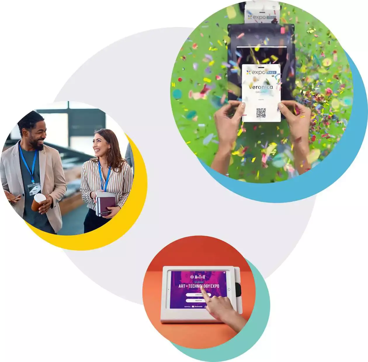 Custom on-site event badges, attendees at conference with badges, on-site check-in iPad kiosk Expo Pass