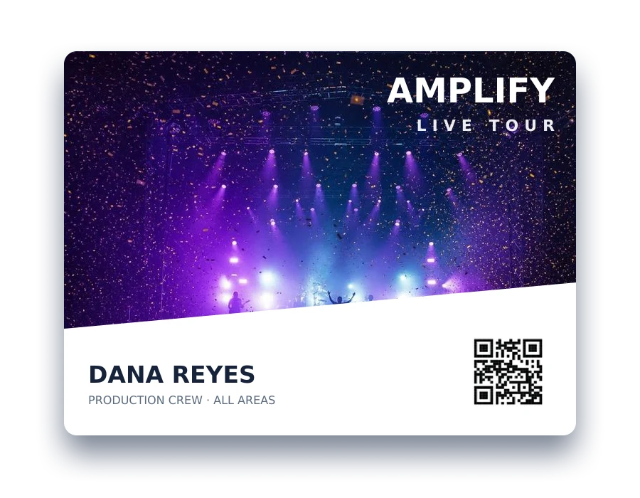 Full-bleed concert photo badge printed on the same stock