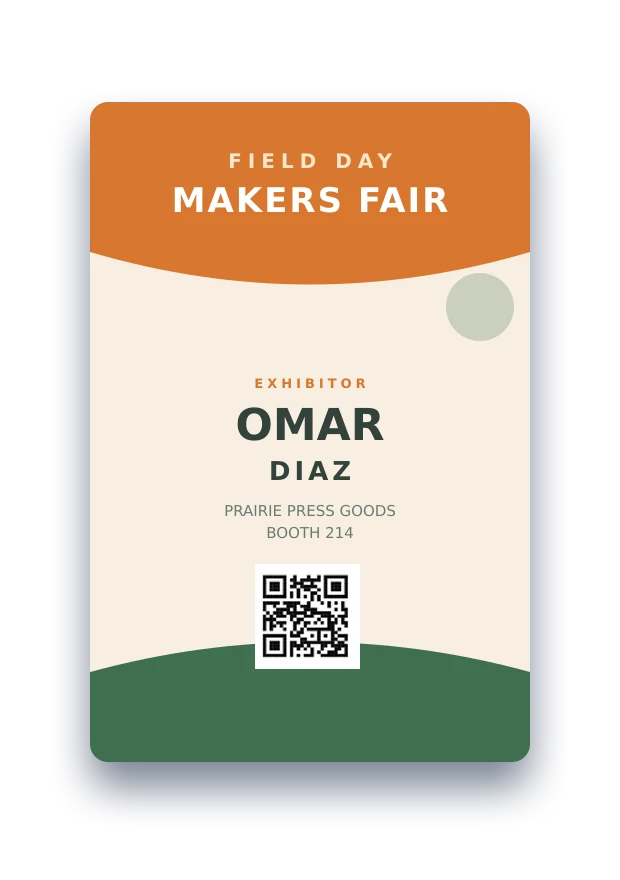 Paper event badge sample with warm exhibitor artwork