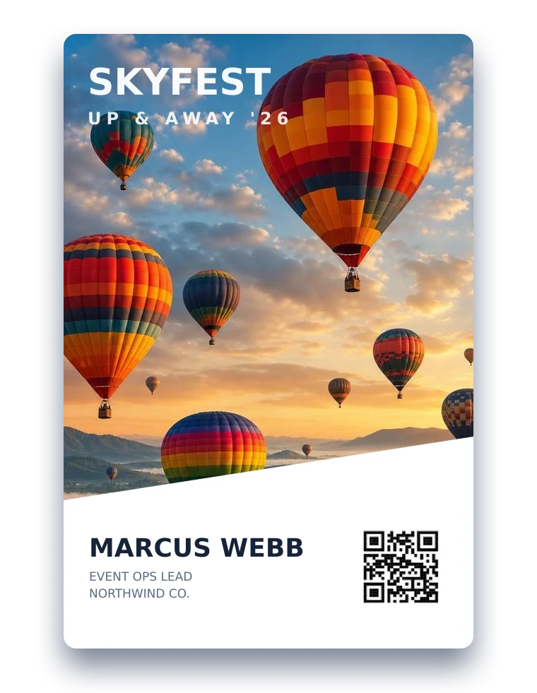 Full-bleed photo-quality 4×6 event badge with edge-to-edge hot air balloon artwork