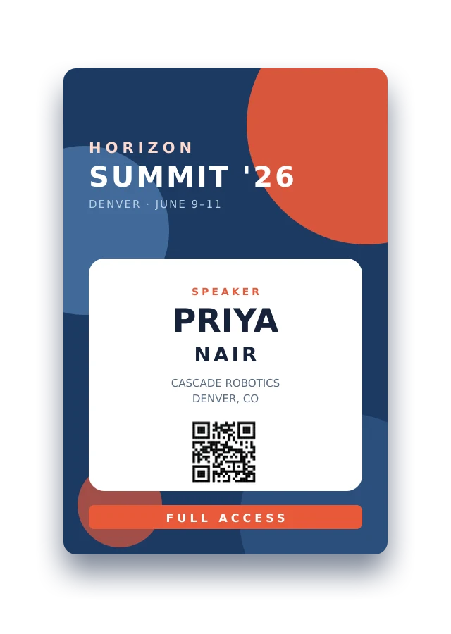 4×6 portrait event badge sample with navy and coral conference artwork