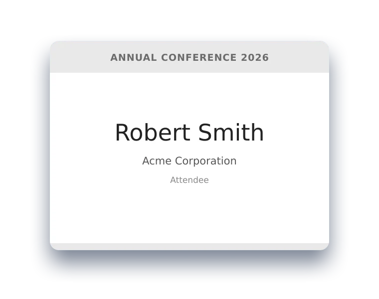 Typical plain event badge layout — name and company on a white background