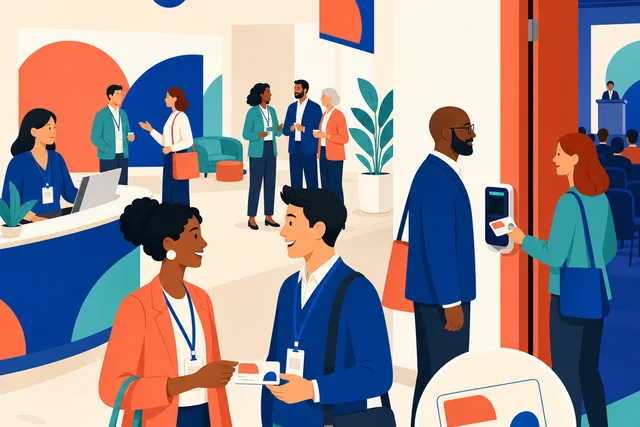 Illustration of association members networking with badges at a member conference