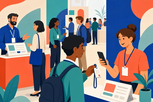 Illustration of recruiters meeting badge-wearing candidates at career fair booths