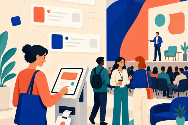 Illustration of conference attendees checking in at kiosks while a badge prints and a speaker presents