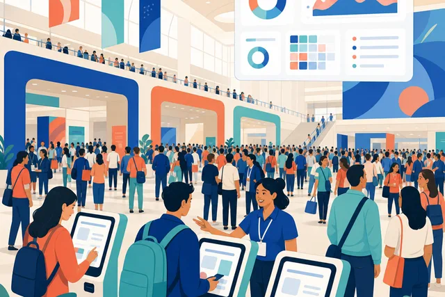 Illustration of a large convention hall with multiple check-in kiosks and crowds of attendees