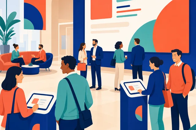 Illustration of employees checking in at branded kiosks in a modern corporate lobby
