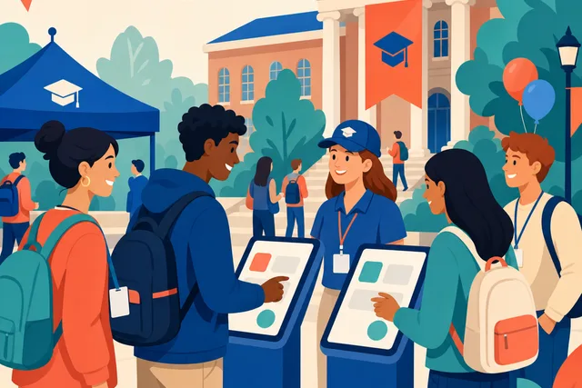 Illustration of students checking in at kiosks outside a campus building