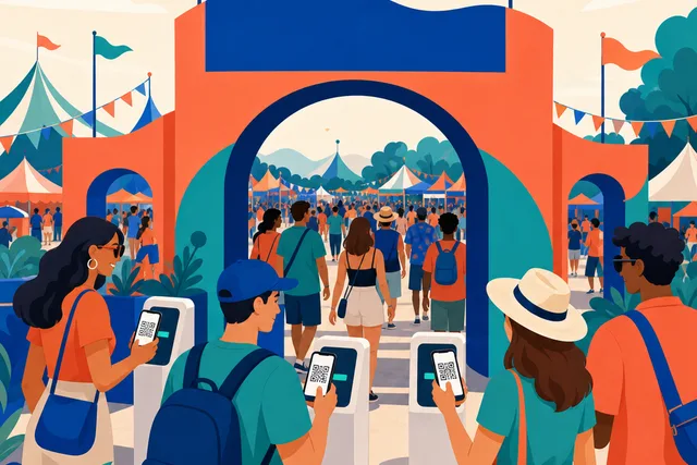 Illustration of festival-goers scanning QR codes at an outdoor entrance gate