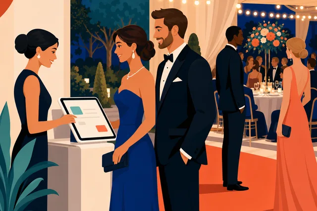 Illustration of gala guests in formal wear arriving at an elegant check-in kiosk