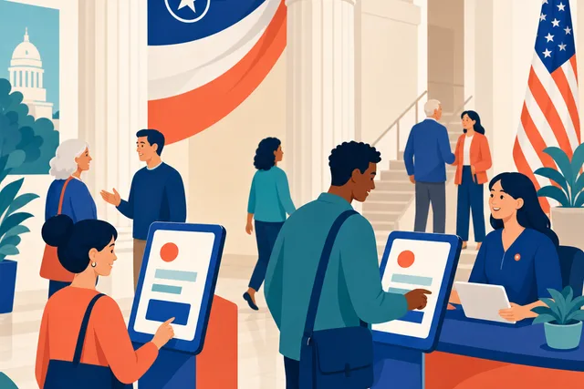 Illustration of attendees checking in at kiosks inside a civic building lobby