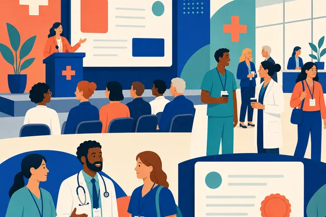 Illustration of clinicians with badges attending a healthcare conference session