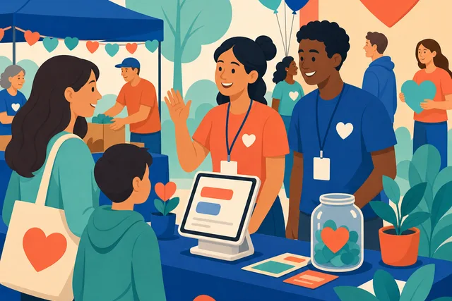 Illustration of volunteers welcoming attendees at a nonprofit community event check-in