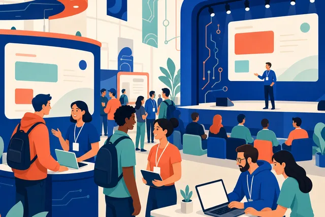 Illustration of developers with badges exploring booths at a tech conference
