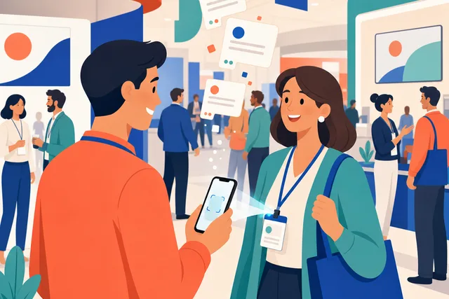 Illustration of a trade show floor with an exhibitor scanning an attendee badge with a smartphone
