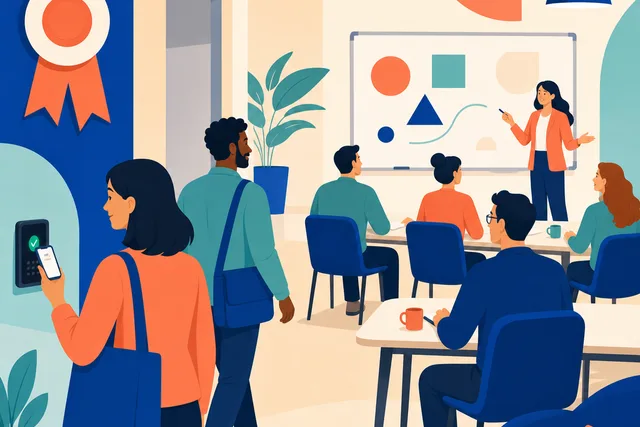 Illustration of a training session with attendees scanning in and an instructor presenting