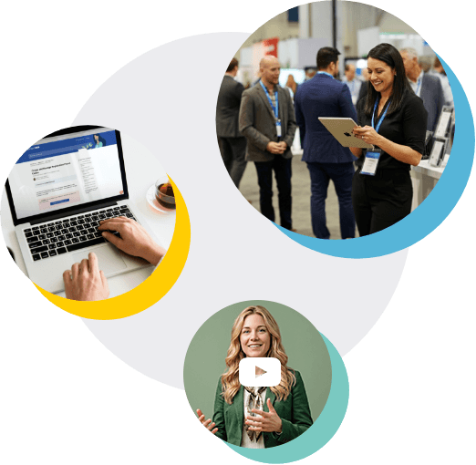 Expo Pass event registration on a laptop and support specialists helping attendees at a tradeshow