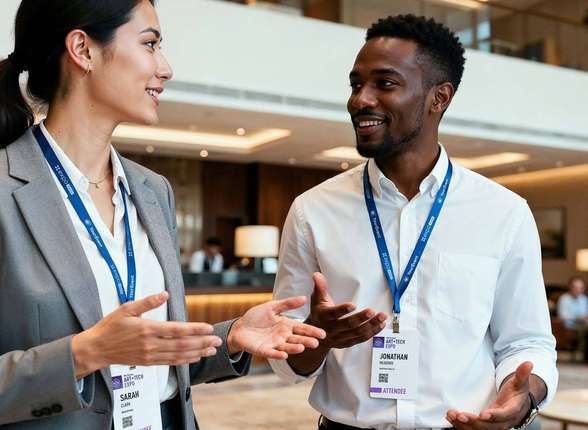 Attendees wearing custom pre-printed event name badges by Expo Pass