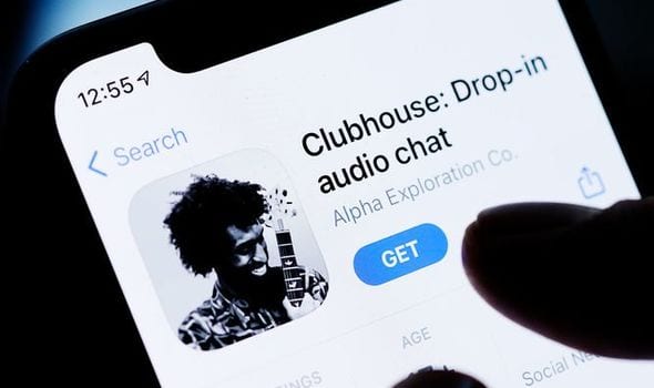 Phone screen showing the App Store with "Clubhouse: Drop-in audio chat" app download