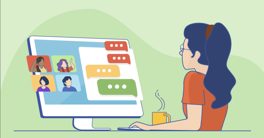 Cartoon woman sitting on a virtual call with four others utilizing the chat function