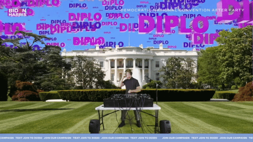 Diplo DJing in front of a green screen projecting an image of the White House with Diplo's name flying through the sky