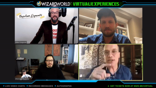 GIF from WizardWorld Virtual Experiences of 3 men chatting on a Zoom call