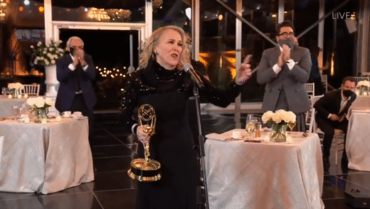 GIF of Catherine O'Hara from Schitts Creek giving her acceptance speech at the Emmys