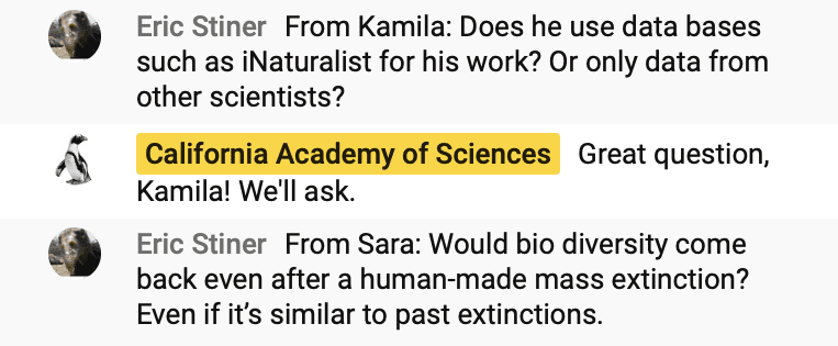 screenshot of a virtual zoom chat between Eric Stiner and the California Academy of Sciences