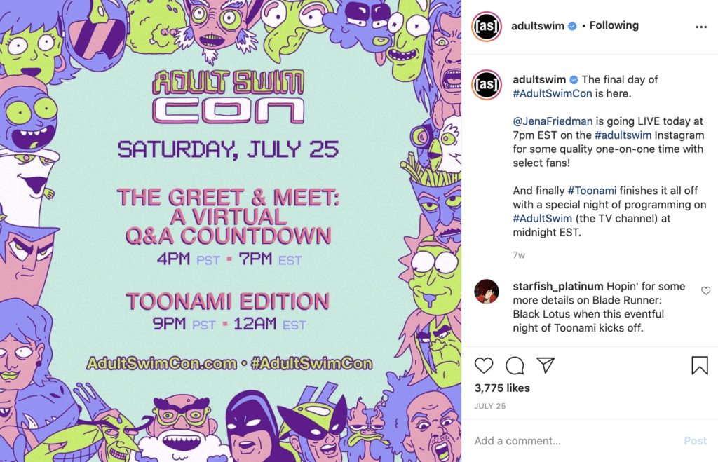 Screenshot from AdultSwim Instagram post of the Adult Swim Con final day agenda