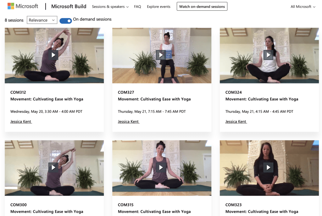 Screenshot of a webpage with 6 different pre-recorded yoga flows to watch on demand