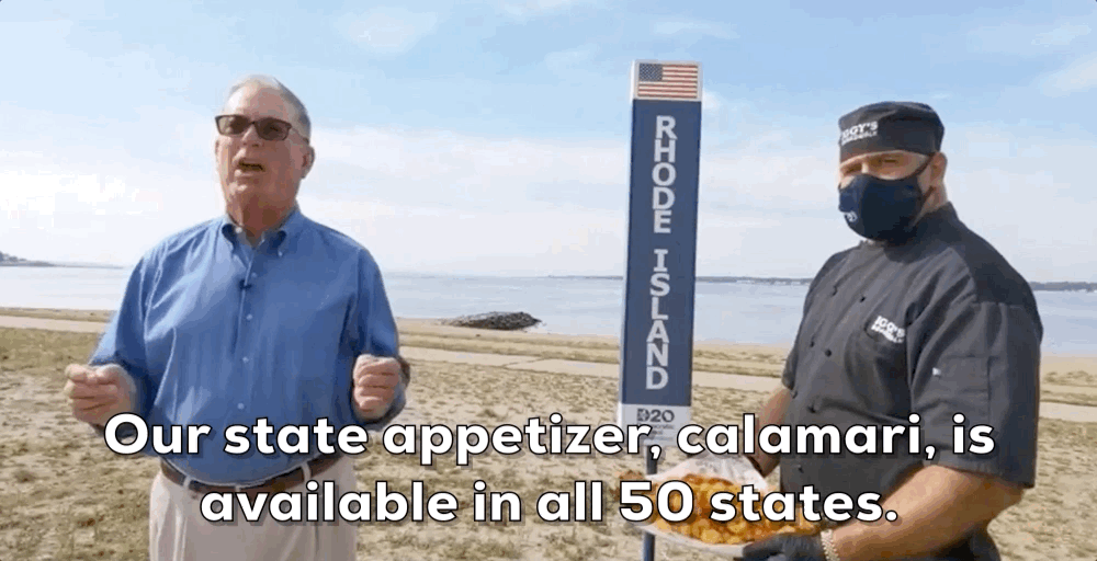 Two men standing outside, with a Rhode Island Landmarker. Caption: "Our state appetizer, calamari, is available in all 50 states."