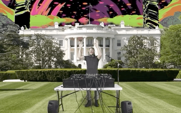 GIF of DJ floating up out of Frame in front of a green screen displaying the White House and a psychedelic sky