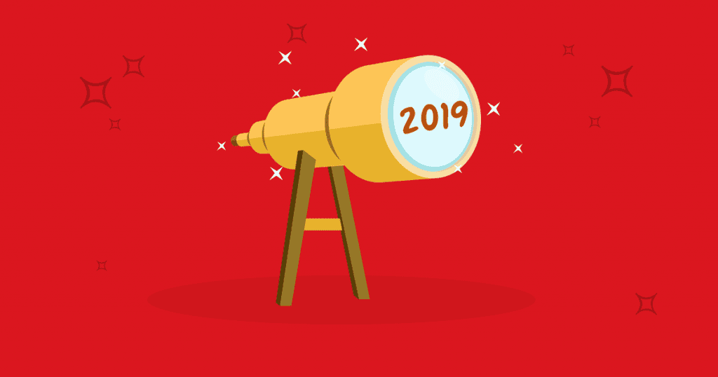 Bright red background with dark red stars. A yellow cartoon telescope has the year "2019" in the sense