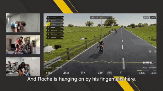 3 men competing on a virtual cycling race with a VR display of characters riding outdoors being displayed