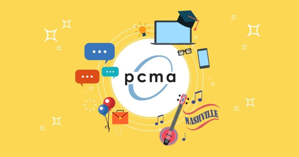 yellow background with white, blue, and black PCMA logo. Balloons, computer, and banjo surround the logo