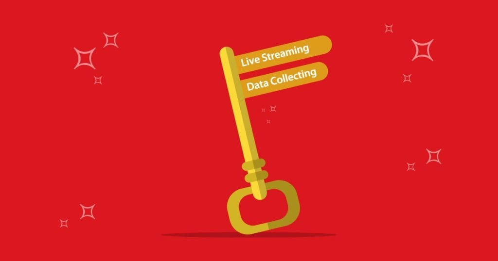 Bright red background with white starts. a Golden key is in the center with notches that say "Live Streaming" and "Data Collecting"