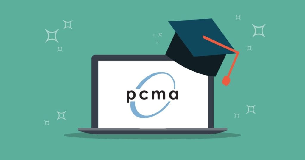 Teal background with white stars. A cartoon laptop wearing a graduation cap displays the PCMA logo