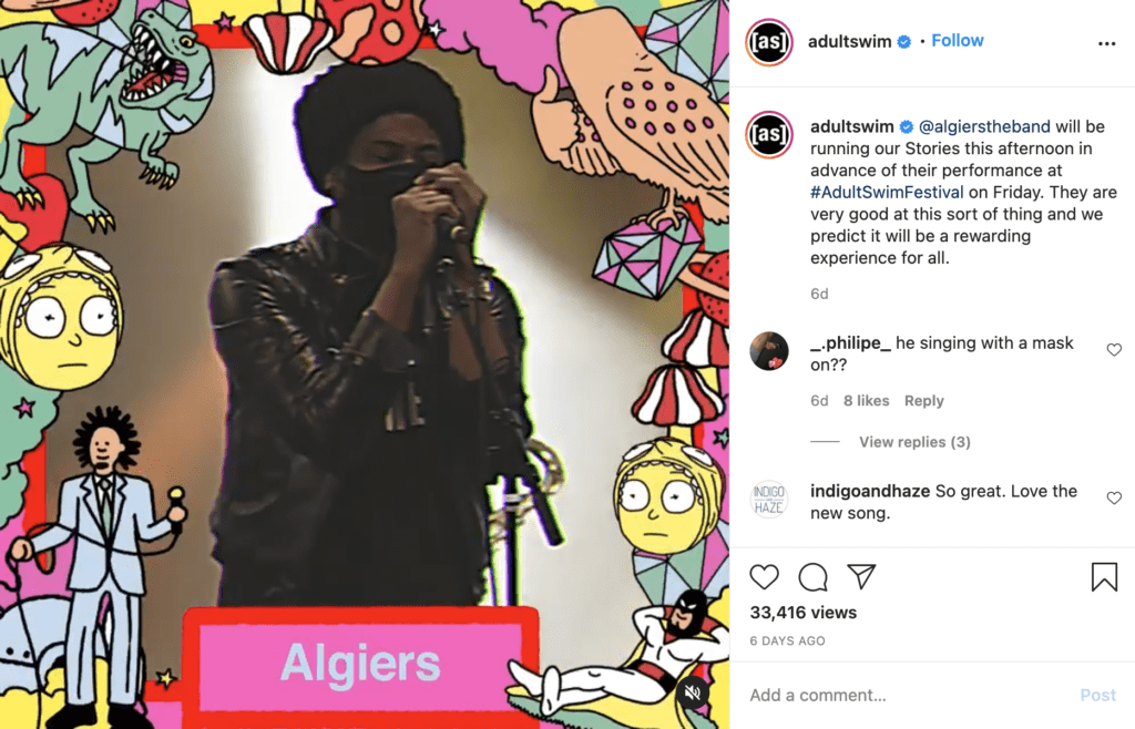 Screenshot of an AdultSwim Instagram Post showing a man performing on stage with the caption "Algiers"