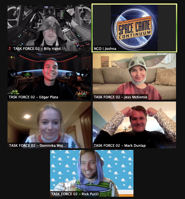 Screenshot of Expo, Inc Zoom Call 2020 holiday party showing TASK FORCE 02 in action