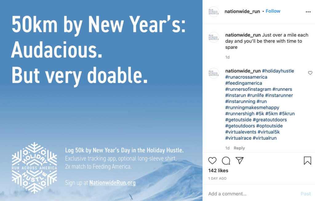 Screenshot from Natiowide_run instagram post with the text "50km by New Year's: Audacious. But very doable."