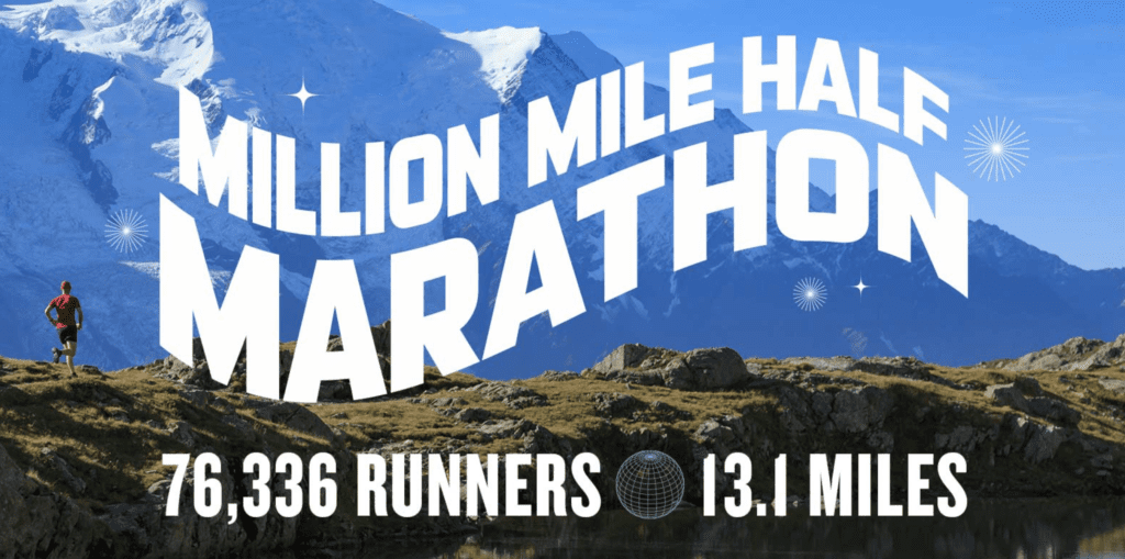 Million Mile Half Marathon advertisement with man running on a mountain and caption "76,336 Runners. 13.1 Miles"