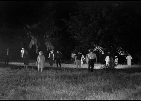 GIF of people walking creepily out of a field towards the camera
