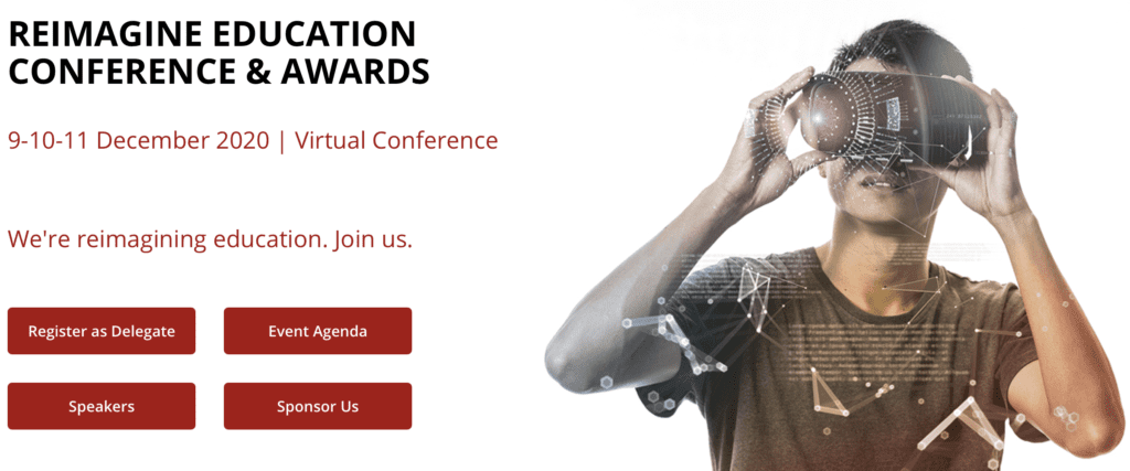 Reimagine Education Conference & Awards advertisement with a boy wearing VR goggles. 