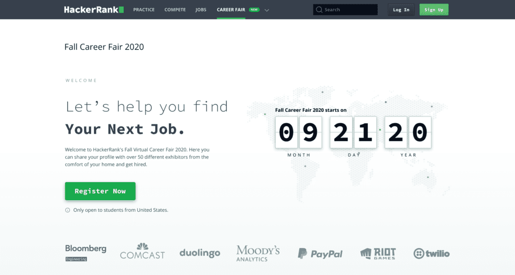 Virtual career fair landing page with countdown timer