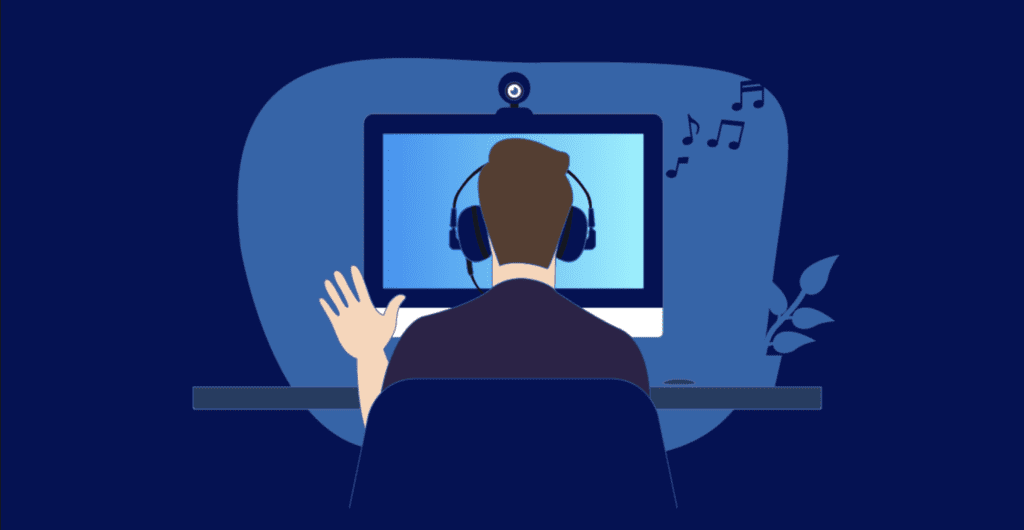 Cartoon man with headphones sitting on a virtual meeting 
