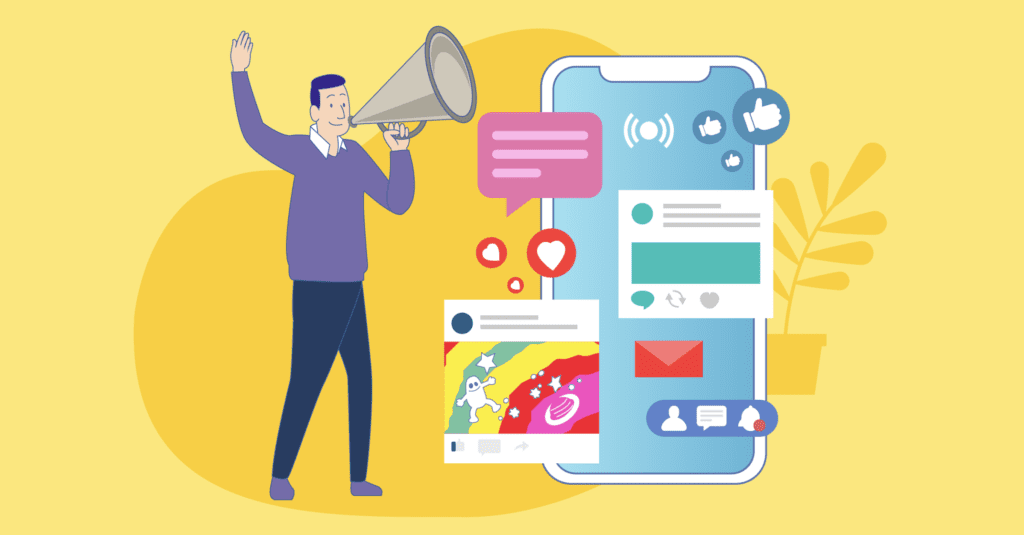 Cartoon man with megaphone showcasing different social media marketing