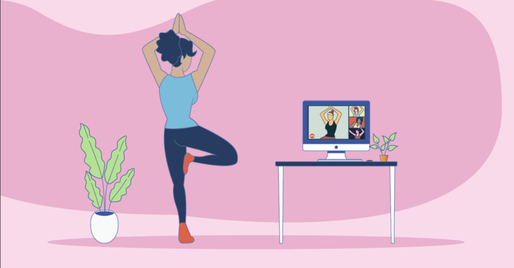 Cartoon woman doing yoga while being instructed by a virtual yoga instructor