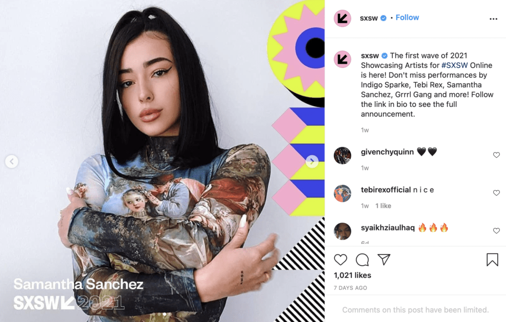 SXSW Online Instragam account post highlighting their showcasing artists for 2021.